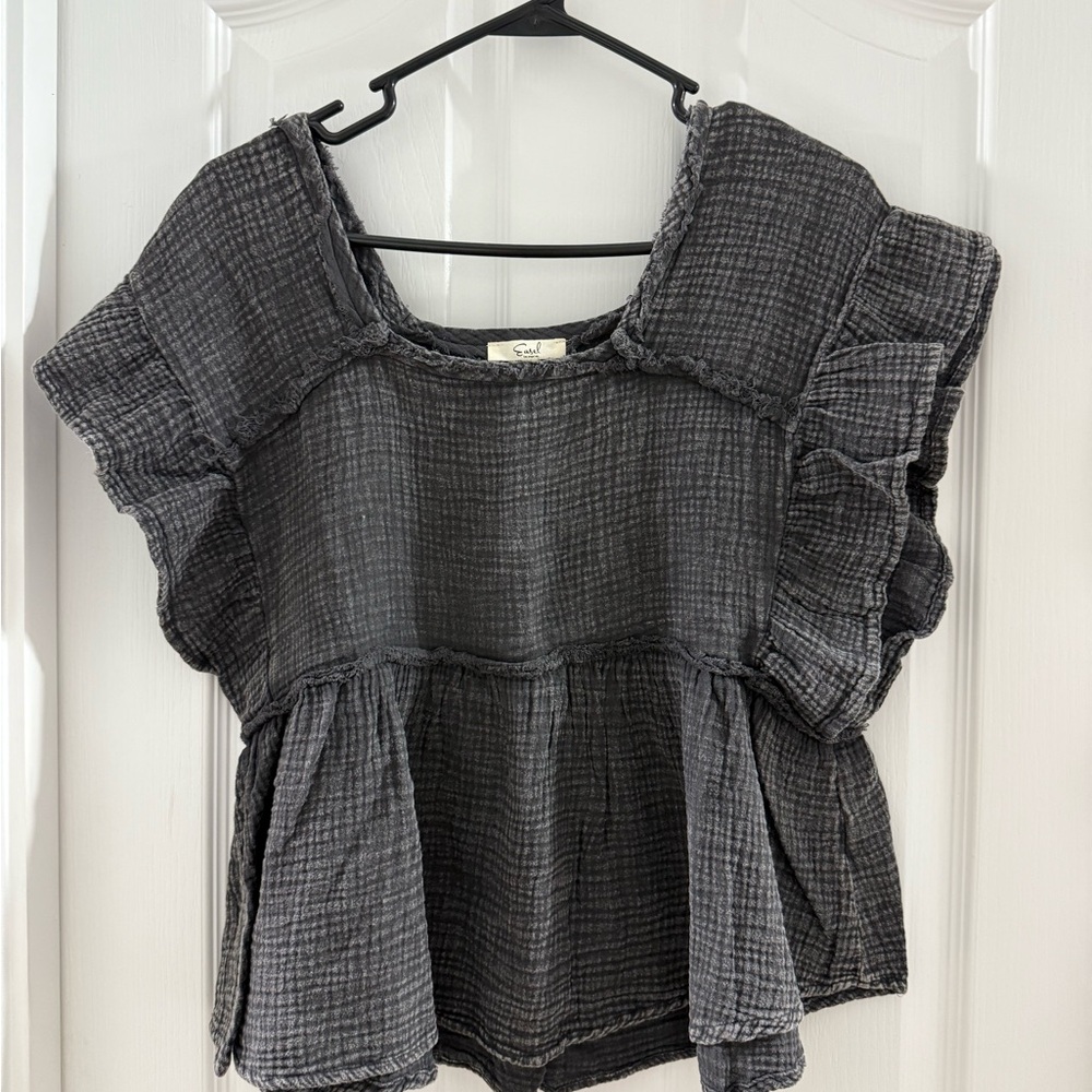 Easel Charcoal Ruffled Blouse
